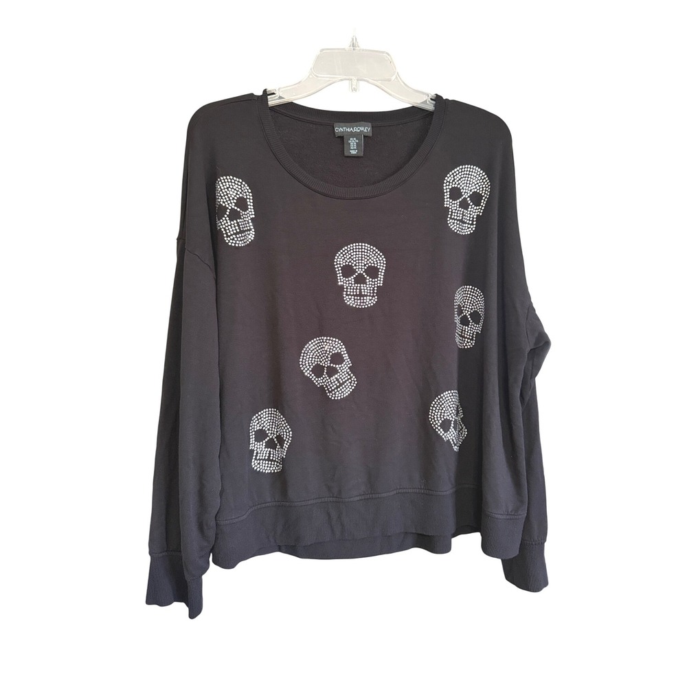 Cynthia Rowley Womens XL Black Rhinestone Skull Sweatshirt Relaxed Fit Pullover